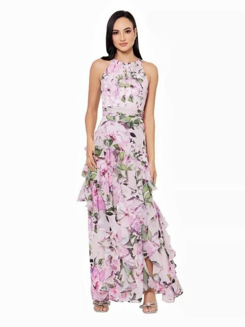 Xscape Floral Maxi Dress in Pink & White Size 14 Like New